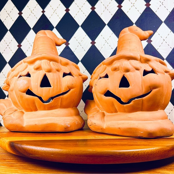 Pair Terracotta Jack-O’-Lantern Candle Holder - Picture 3 of 9